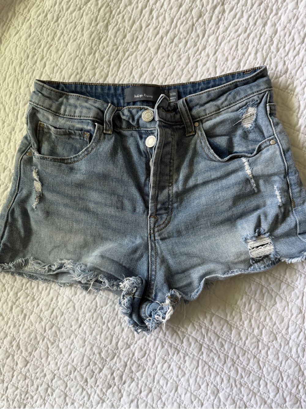 Indigo Rising - High-Rise Distressed Denim Shorts - Light Blue